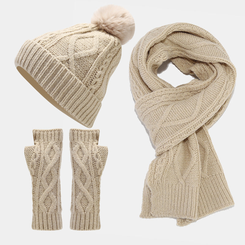 Wholesale Acrylic Fried Dough Twists Knitting Cold Proof Warm Hat Scarf Glove Suit